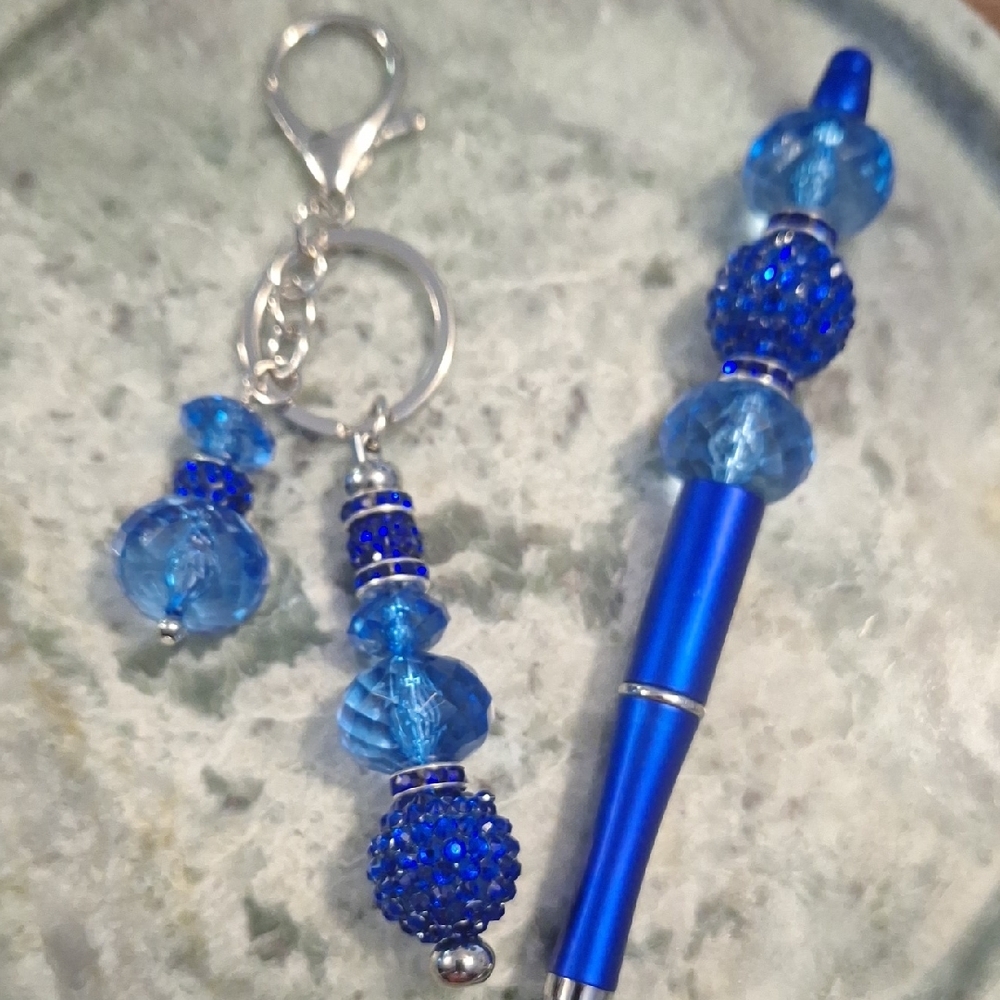 Blue Beaded Keychain and Pen Gift Set